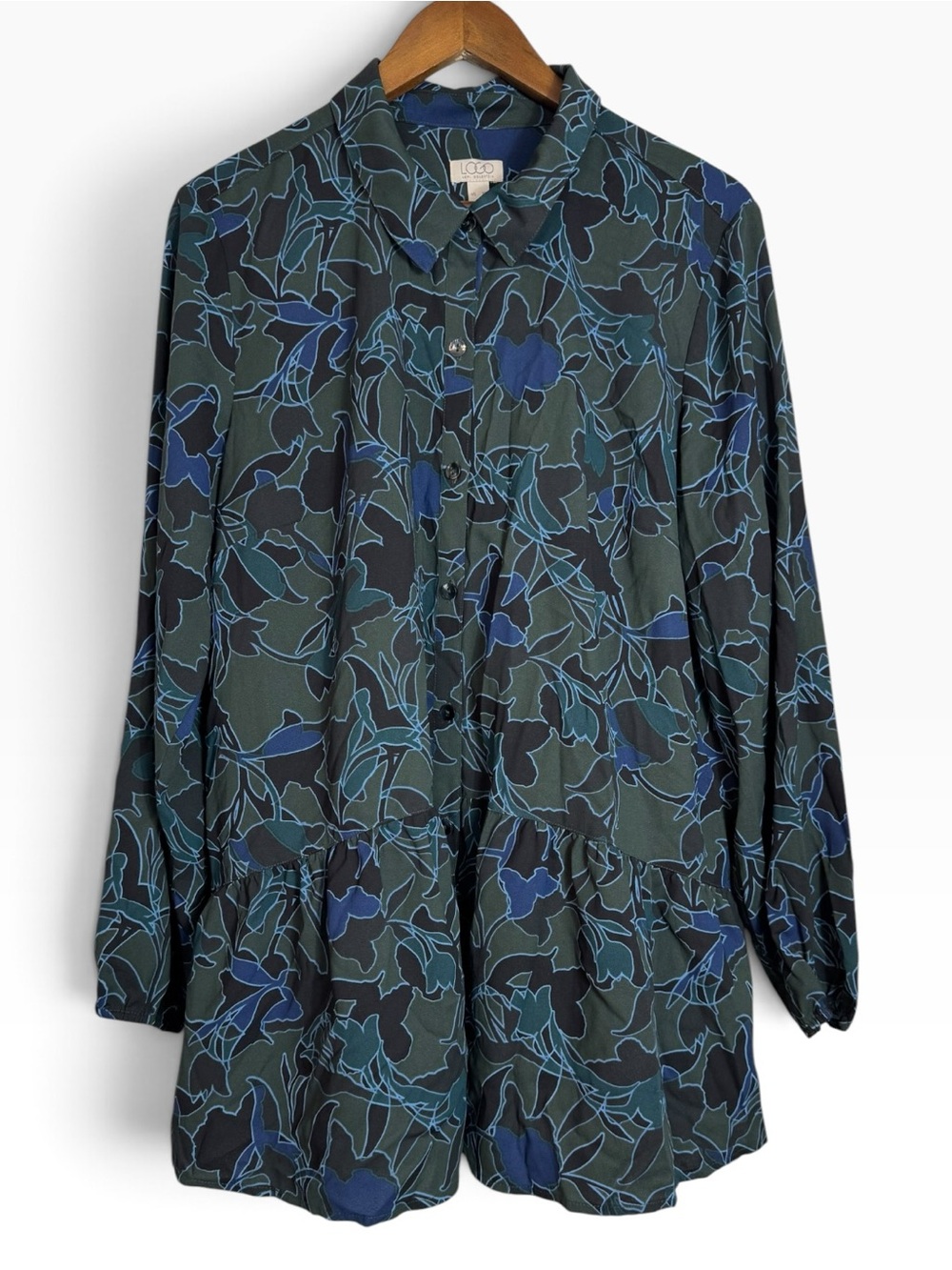 LOGO Lori Goldstein Button Front Floral Printed Tunic Top Shirt Olive Green Blue